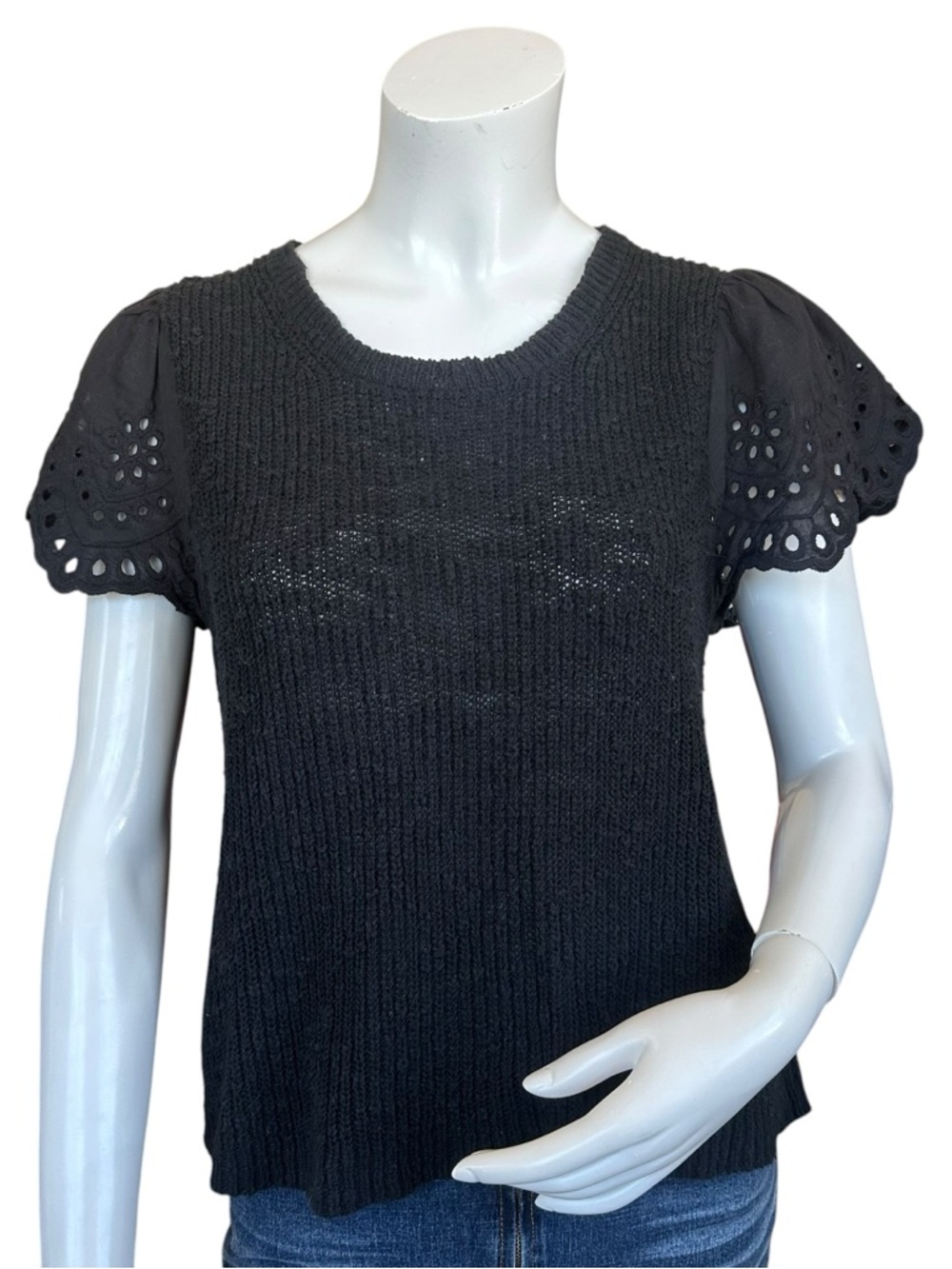 Anthropologie Black Slub Eyelet Puff Short Sleeve Crewneck Spring Sweater Med